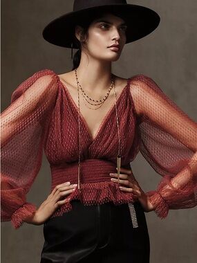 By ANTHROPOLOGIE Tulle Sheer Dot-Pattern Puff Sleeve Blouse in Deep Red Small